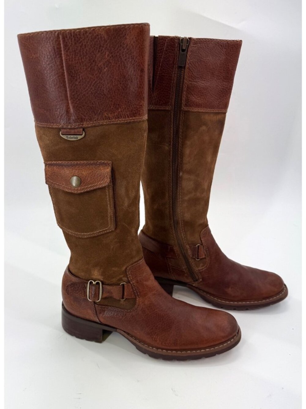 Timberland Brown Leather Suede Tall Riding Boots 6 M Side Zip Buckle Pocket